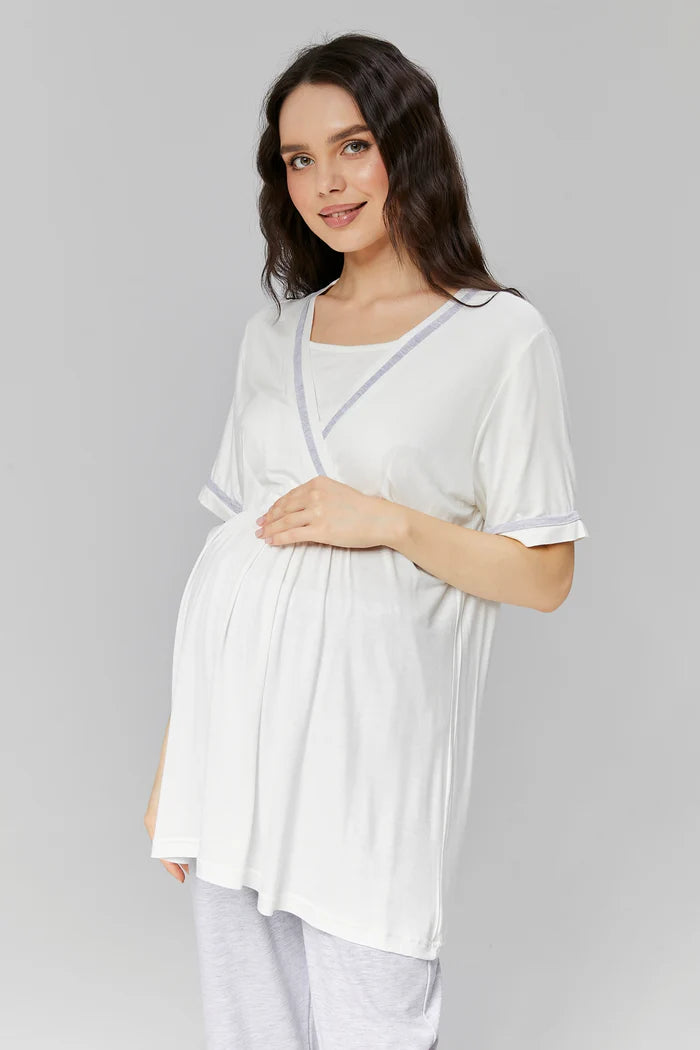 Bias Double Breasted 3-Pieces Maternity & Nursing Pajamas With Robe Ecru - 503