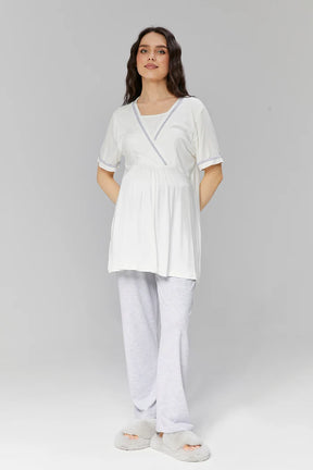 Bias Double Breasted 3-Pieces Maternity & Nursing Pajamas With Robe Ecru - 503