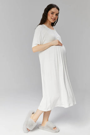 Crew Neck Maternity & Nursing Nightgown With Robe Ecru - 507