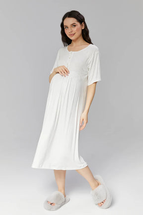 Crew Neck Maternity & Nursing Nightgown With Robe Ecru - 507