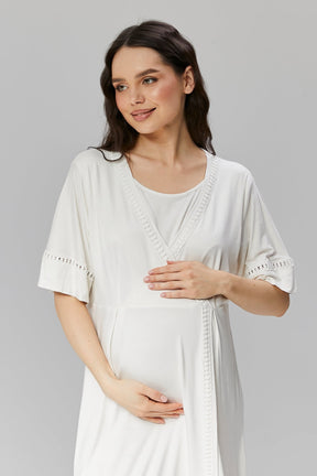 Lace Detailed Maternity & Nursing Nightgown With Robe Ecru - 507