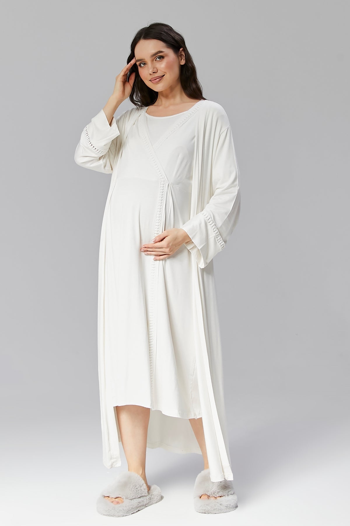 Lace Detailed Maternity & Nursing Nightgown With Robe Ecru - 507