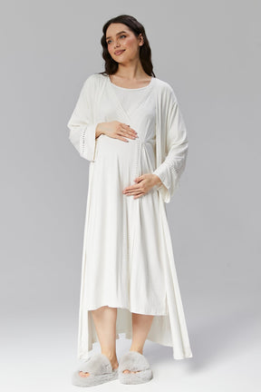 Lace Detailed Maternity & Nursing Nightgown With Robe Ecru - 507