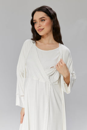 Lace Detailed Maternity & Nursing Nightgown With Robe Ecru - 507