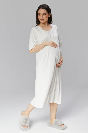 Lace Detailed Maternity & Nursing Nightgown With Robe Ecru - 507