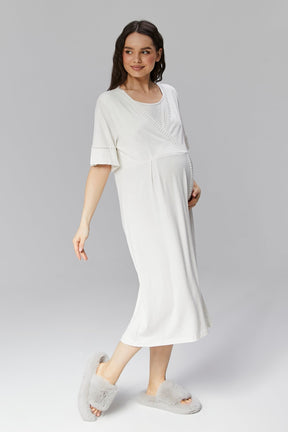 Lace Detailed Maternity & Nursing Nightgown With Robe Ecru - 507