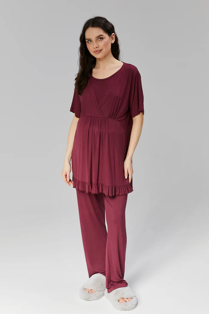 Ruffle Skirt Double Breasted 3-Pieces Maternity & Nursing Pajamas With Robe Plum - 508