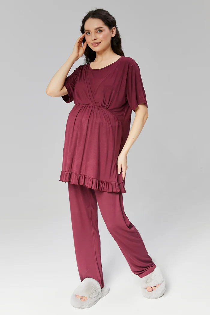 Ruffle Skirt Double Breasted 3-Pieces Maternity & Nursing Pajamas With Robe Plum - 508