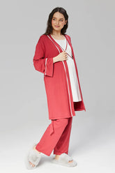 Double Breasted 3-Pieces Maternity & Nursing Pajamas With Bias Robe Pomegranate Red - 510