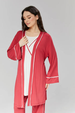 Double Breasted 3-Pieces Maternity & Nursing Pajamas With Bias Robe Pomegranate Red - 510