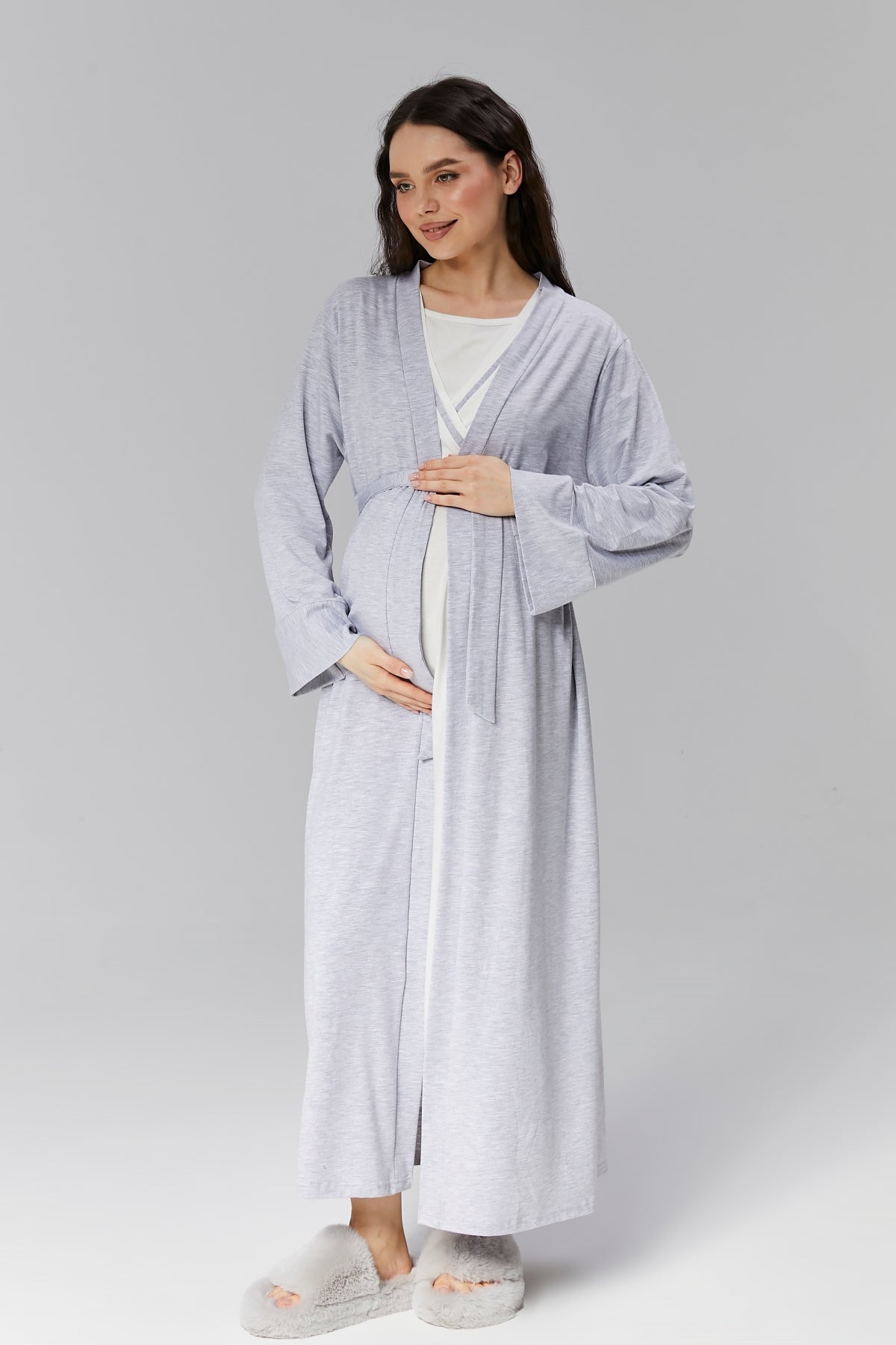 Bias Double Breasted Maternity & Nursing Nightgown With Robe Grey - 511