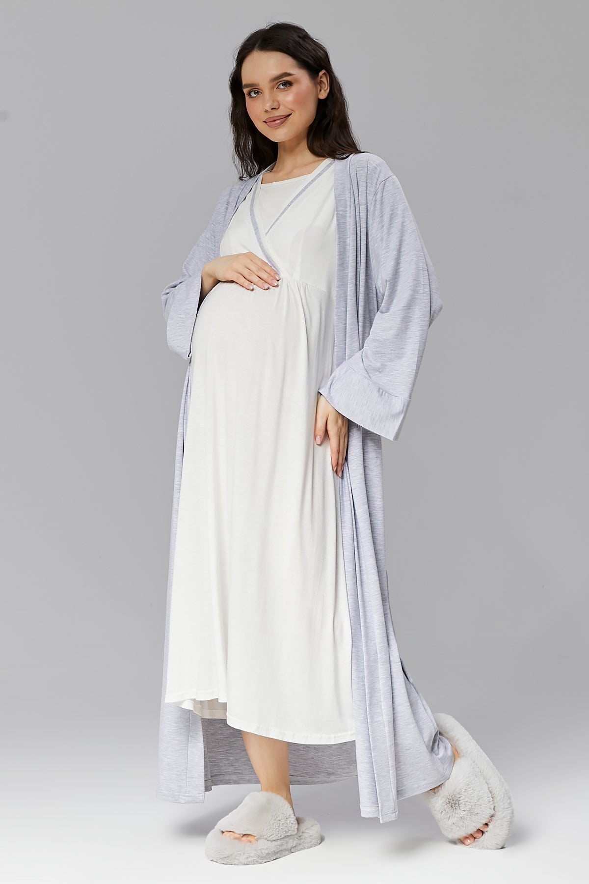 Bias Double Breasted Maternity & Nursing Nightgown With Robe Grey - 511