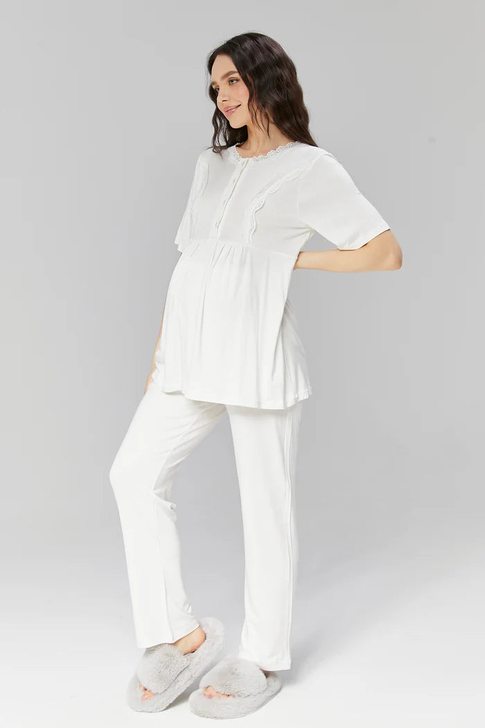 Lace Collar 3-Pieces Maternity & Nursing Pajamas With Robe Ecru - 512