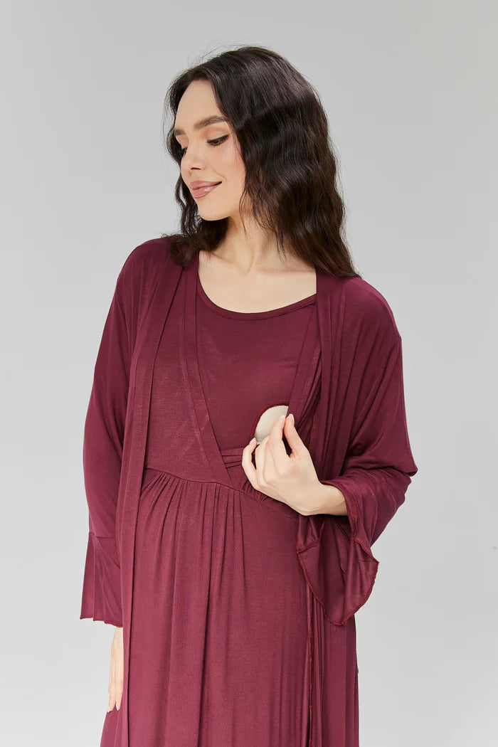 Double Breasted Maternity & Nursing Nightgown With Flywheel Arm Robe Plum - 513