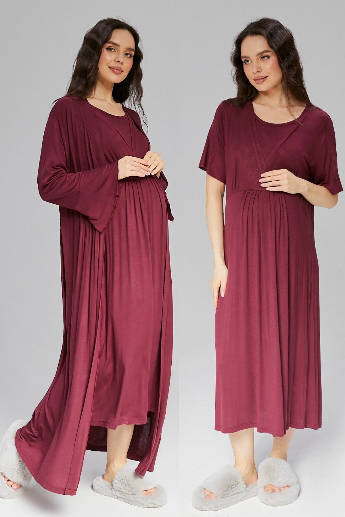 Double Breasted Maternity & Nursing Nightgown With Flywheel Arm Robe Plum - 513