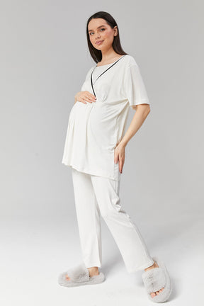 Striped Double Breasted 3-Pieces Maternity & Nursing Pajamas With Robe Ecru - 516