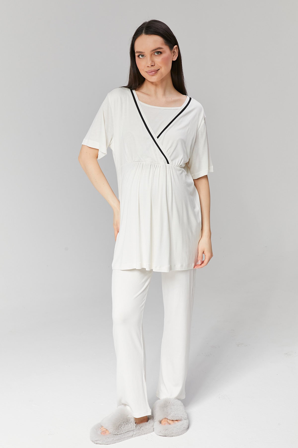 Striped Double Breasted 3-Pieces Maternity & Nursing Pajamas With Robe Ecru - 516