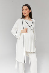 Striped Double Breasted 3-Pieces Maternity & Nursing Pajamas With Robe Ecru - 516