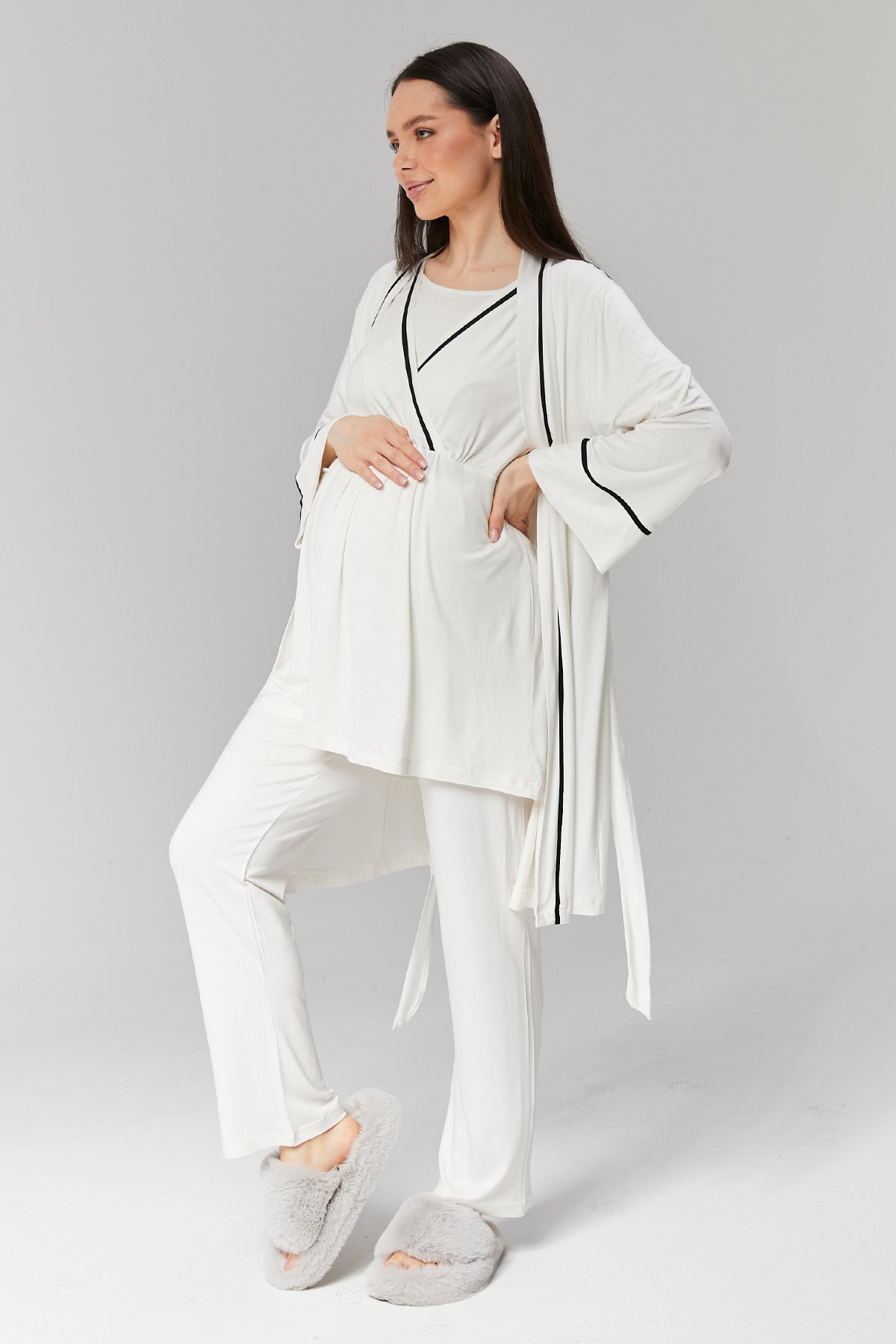 Striped Double Breasted 3-Pieces Maternity & Nursing Pajamas With Robe Ecru - 516