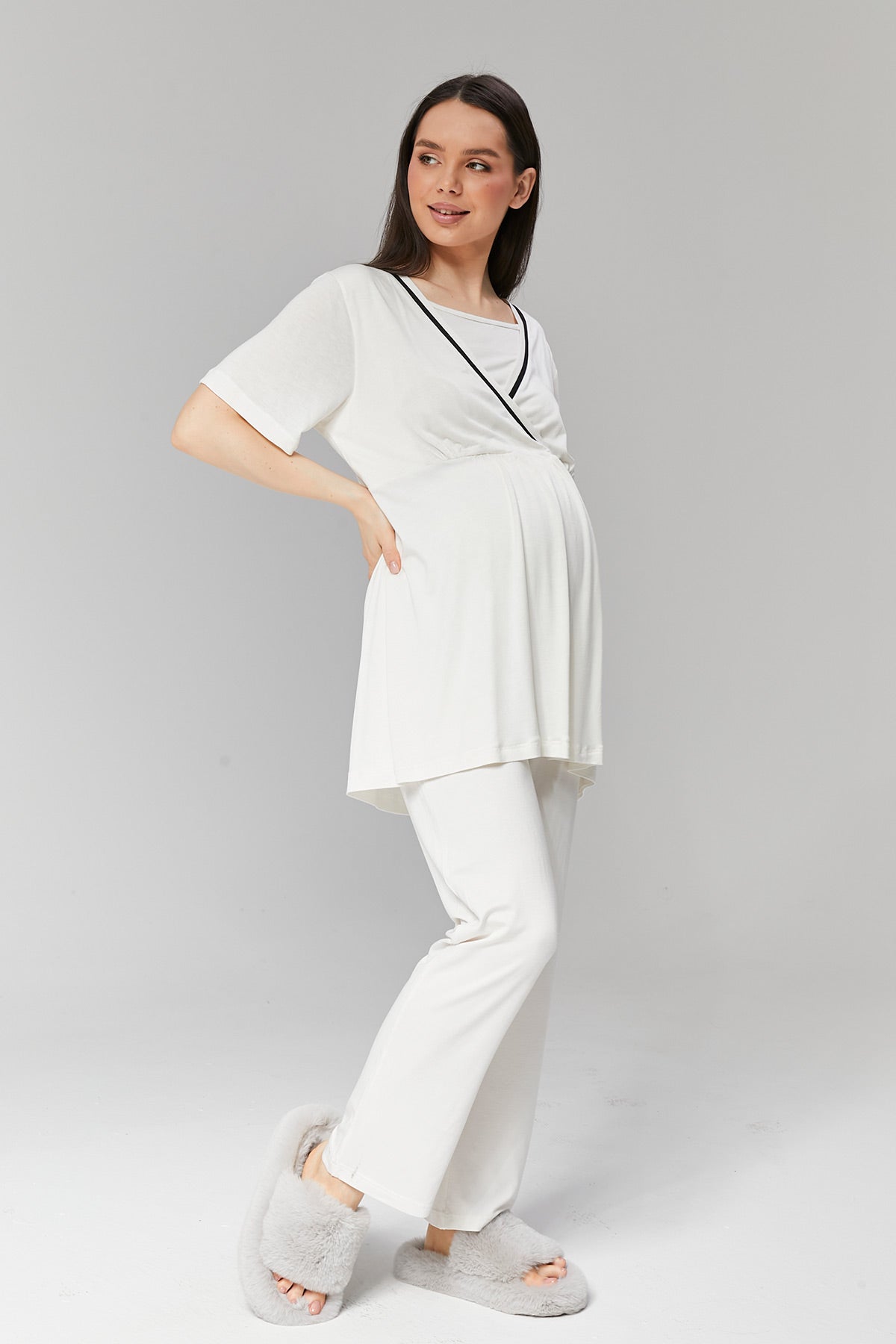 Striped Double Breasted 3-Pieces Maternity & Nursing Pajamas With Robe Ecru - 516