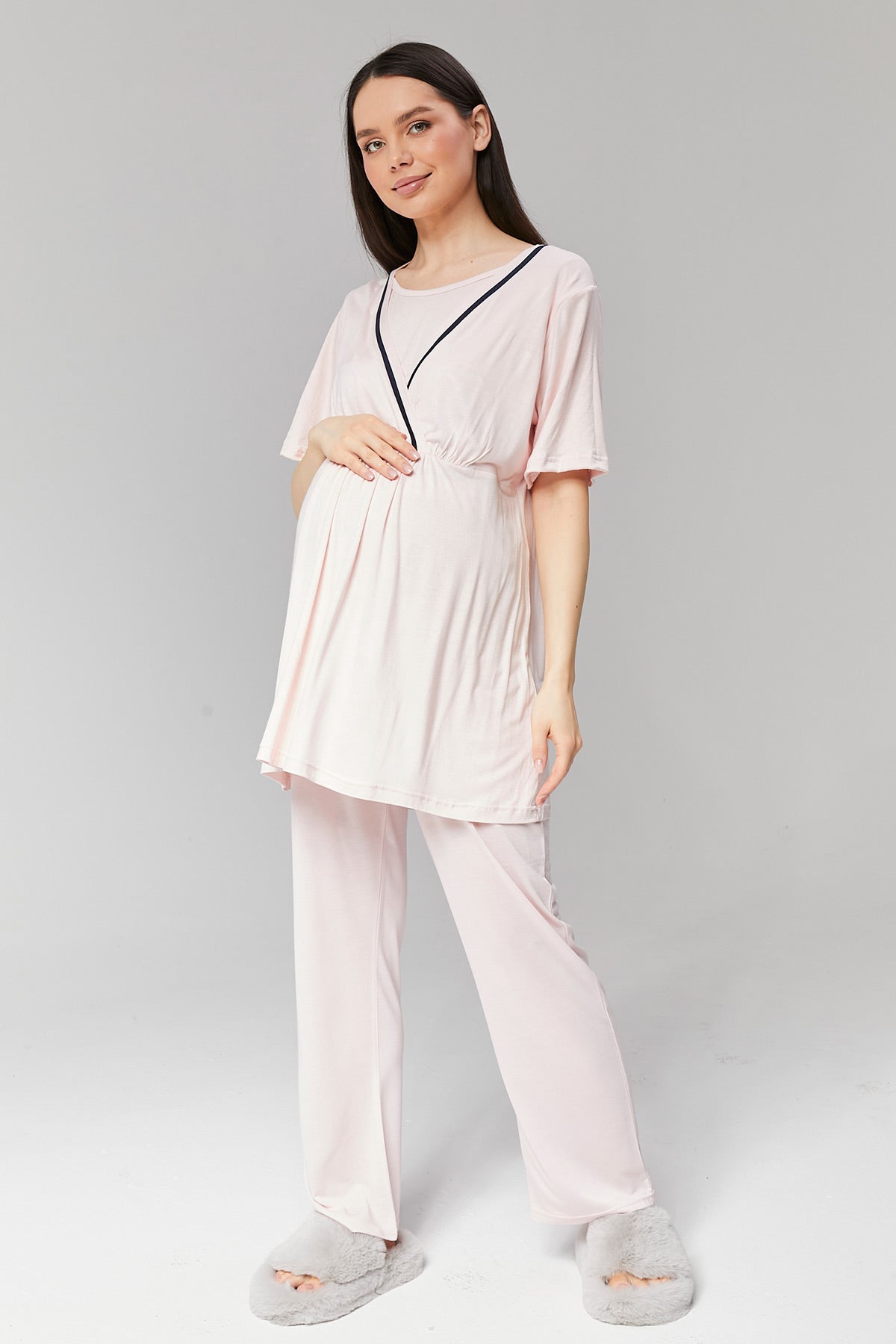 Striped Double Breasted 3-Pieces Maternity & Nursing Pajamas With Robe Pink - 517