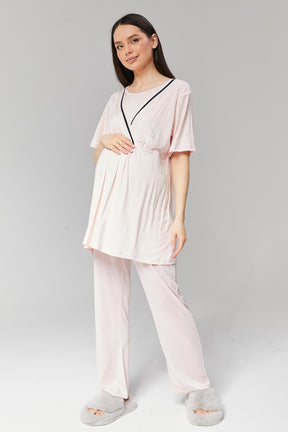 Striped Double Breasted 3-Pieces Maternity & Nursing Pajamas With Robe Pink - 517