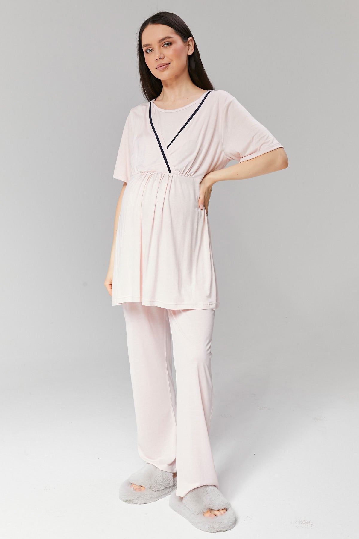 Striped Double Breasted 3-Pieces Maternity & Nursing Pajamas With Robe Pink - 517