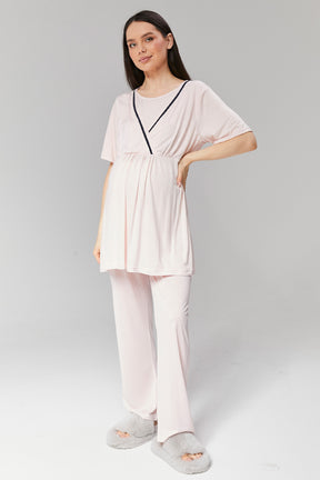 Striped Double Breasted 3-Pieces Maternity & Nursing Pajamas With Robe Pink - 517