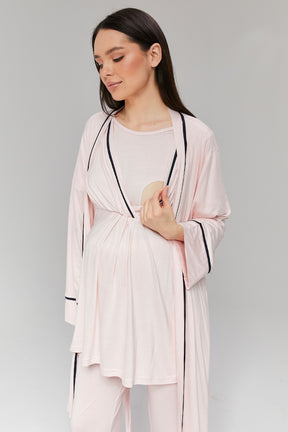 Striped Double Breasted 3-Pieces Maternity & Nursing Pajamas With Robe Pink - 517