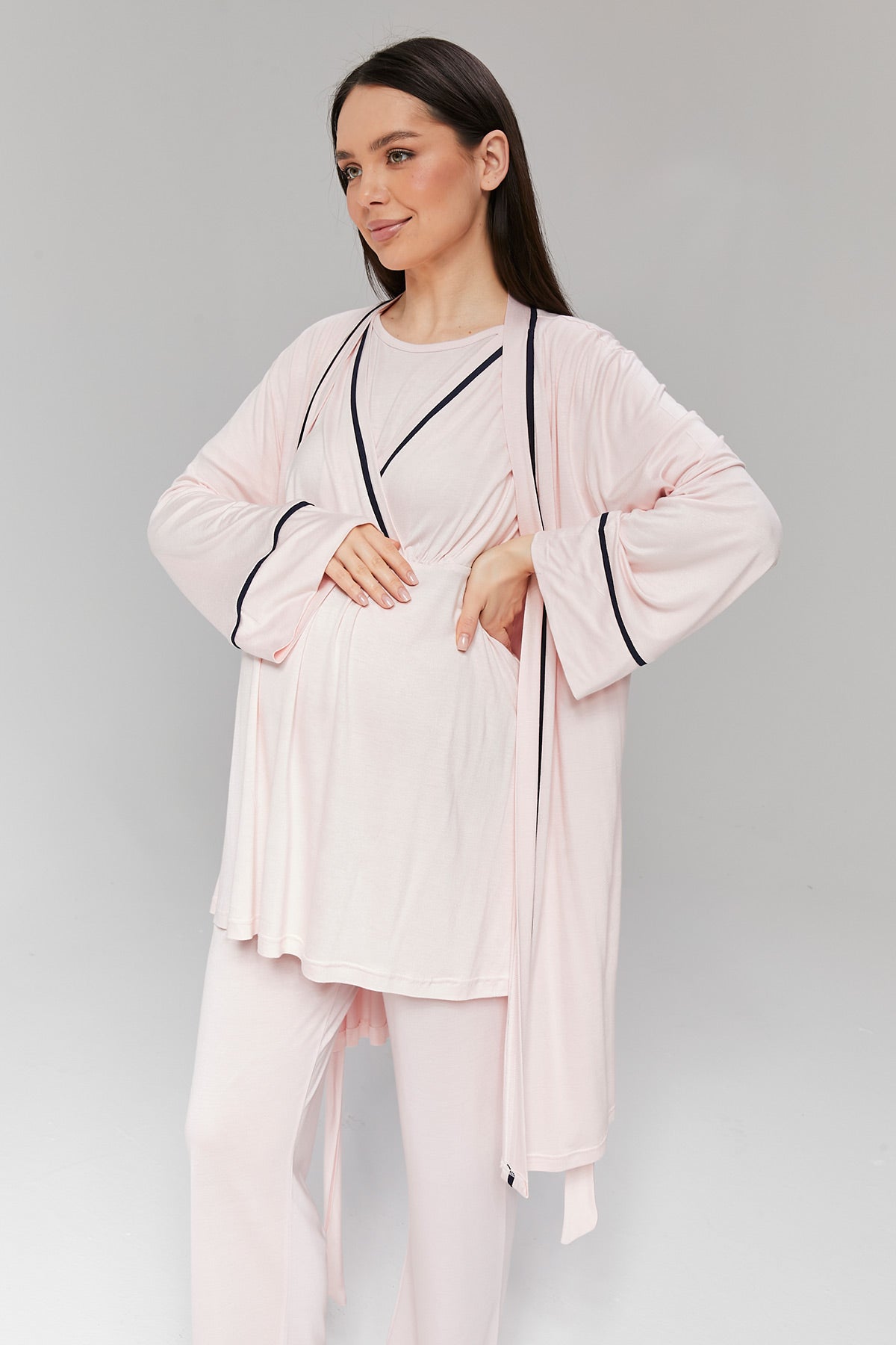 Striped Double Breasted 3-Pieces Maternity & Nursing Pajamas With Robe Pink - 517