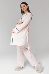 Striped Double Breasted 3-Pieces Maternity & Nursing Pajamas With Robe Pink - 517