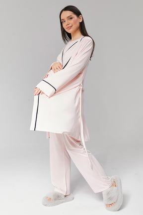 Striped Double Breasted 3-Pieces Maternity & Nursing Pajamas With Robe Pink - 517