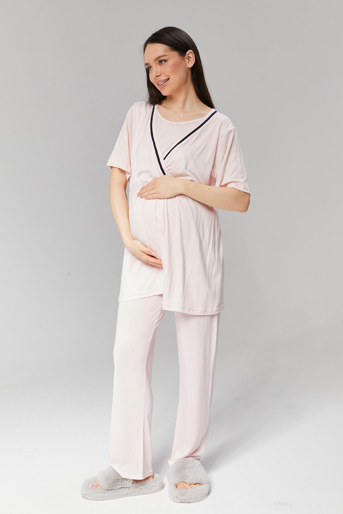 Striped Double Breasted 3-Pieces Maternity & Nursing Pajamas With Robe Pink - 517