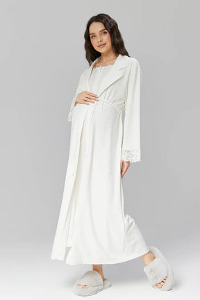 Guipure Collar Maternity & Nursing Nightgown With Lace Sleeve Robe Ecru - 518