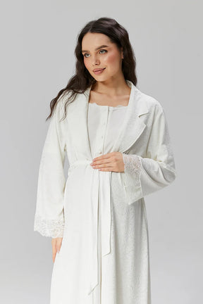 Guipure Collar Maternity & Nursing Nightgown With Lace Sleeve Robe Ecru - 518