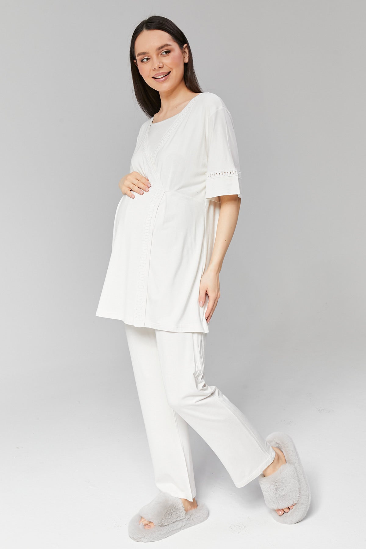 Lace Detailed 3-Pieces Maternity & Nursing Pajamas With Robe Ecru - 519