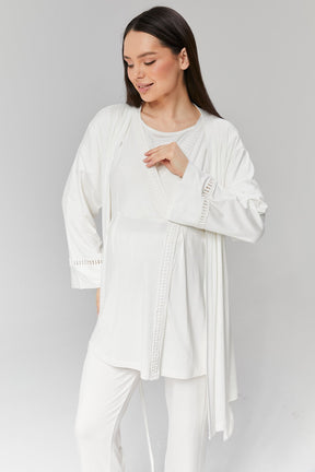 Lace Detailed 3-Pieces Maternity & Nursing Pajamas With Robe Ecru - 519