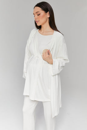 Lace Detailed 3-Pieces Maternity & Nursing Pajamas With Robe Ecru - 519