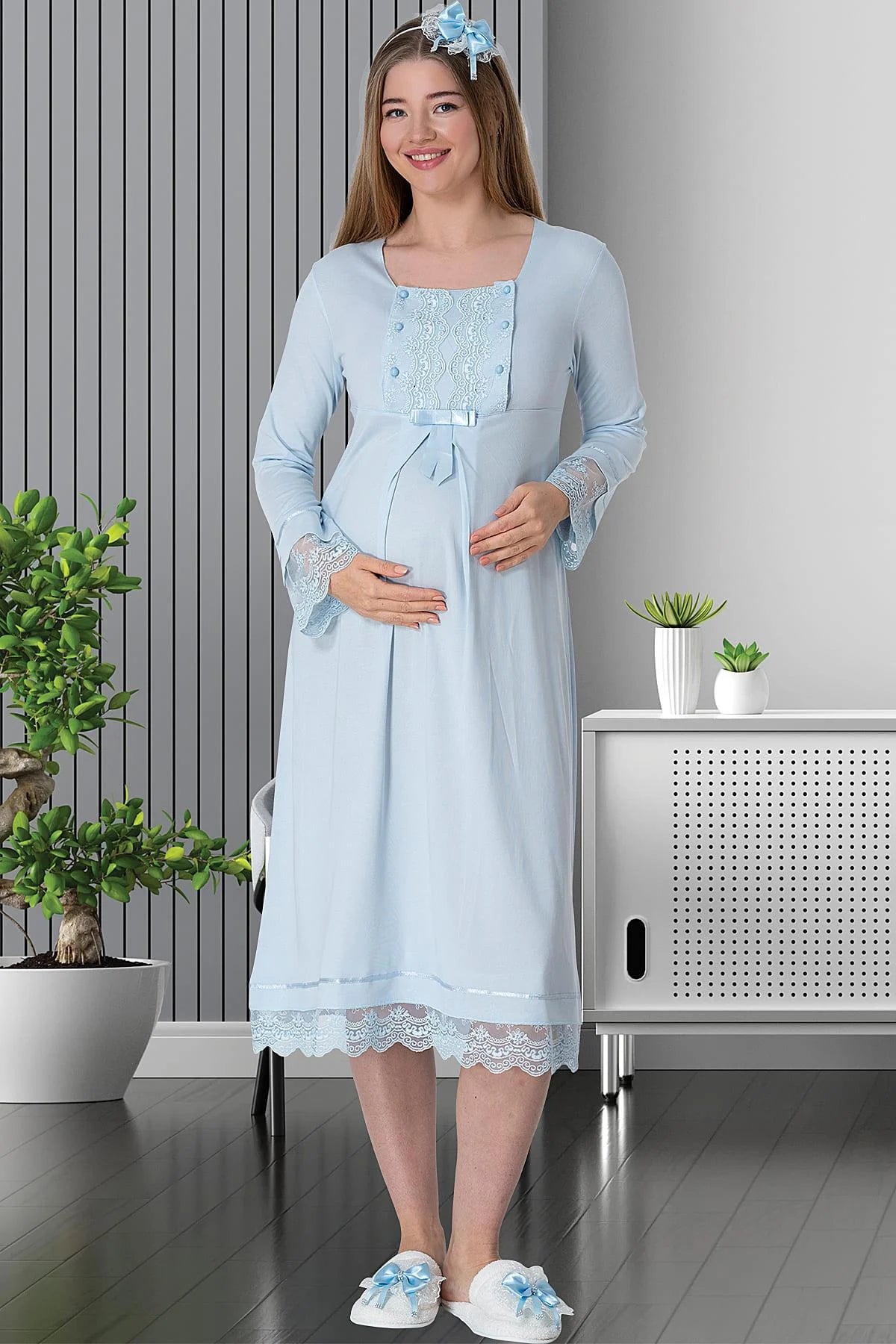 Skirt Lace Maternity & Nursing Nightgown Blue - 5209