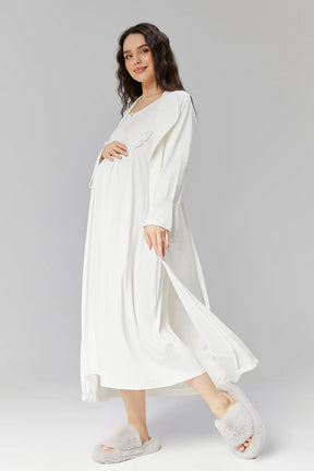 Lace Collar Maternity & Nursing Nightgown With Robe Ecru - 522