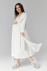 Lace Collar Maternity & Nursing Nightgown With Robe Ecru - 522