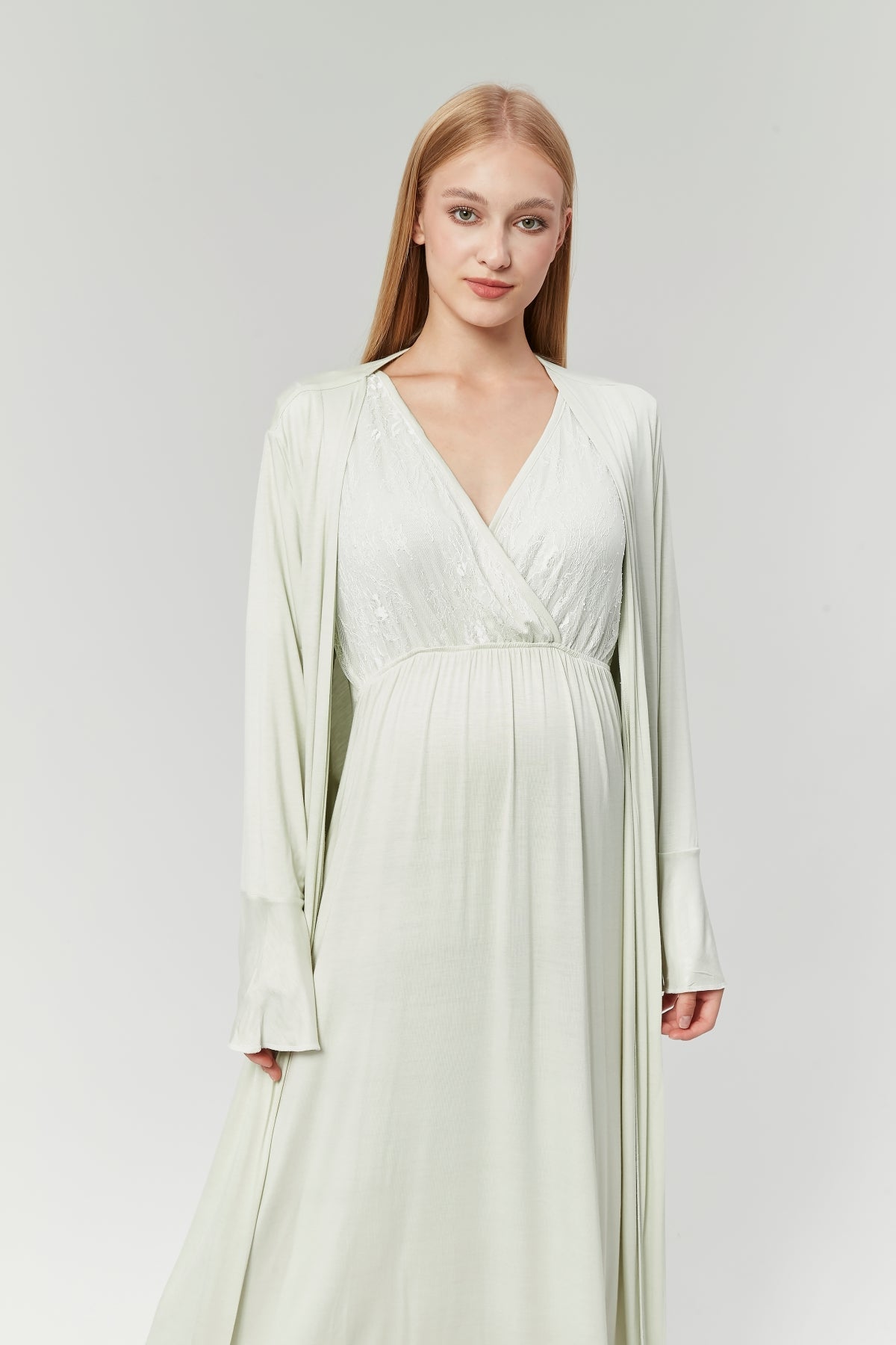 Lace Collar Double Breasted Maternity & Nursing Nightgown With Flywheel Arm Robe Mint - 525