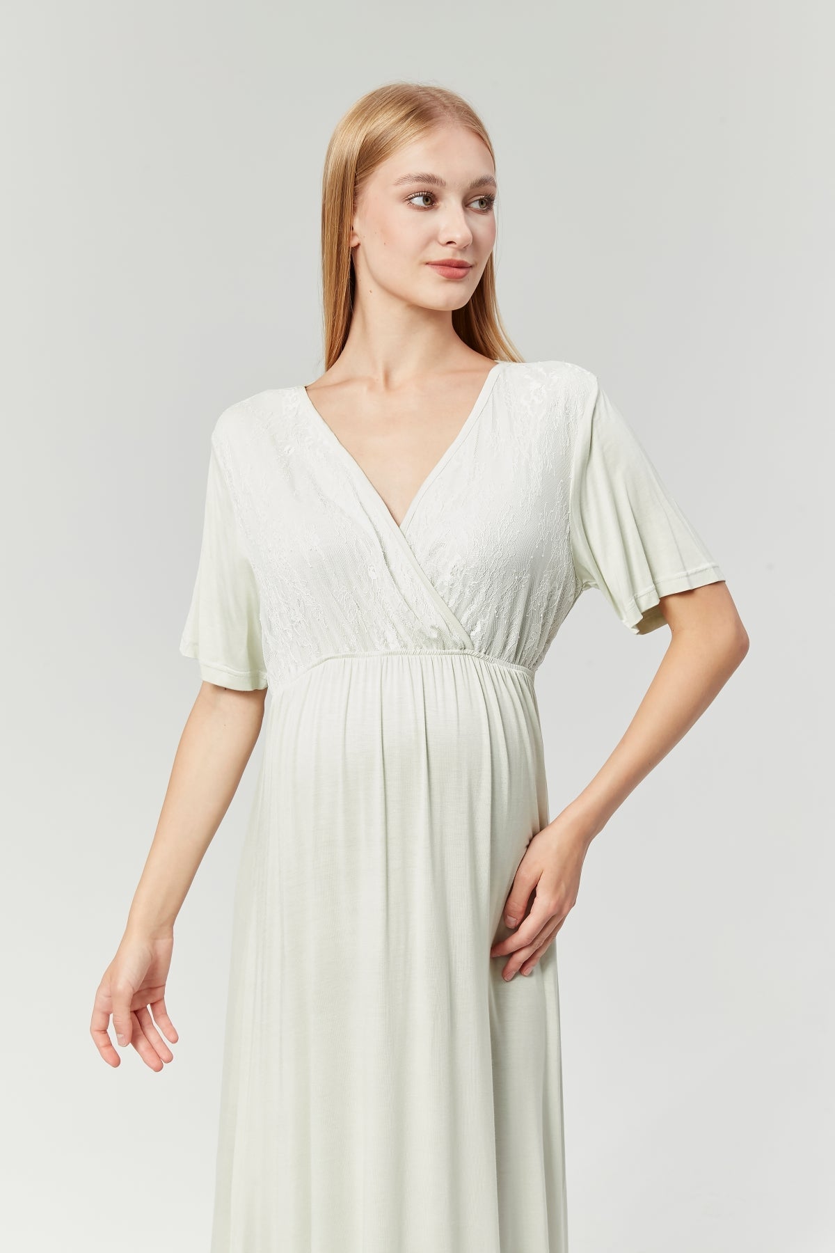 Lace Collar Double Breasted Maternity & Nursing Nightgown With Flywheel Arm Robe Mint - 525