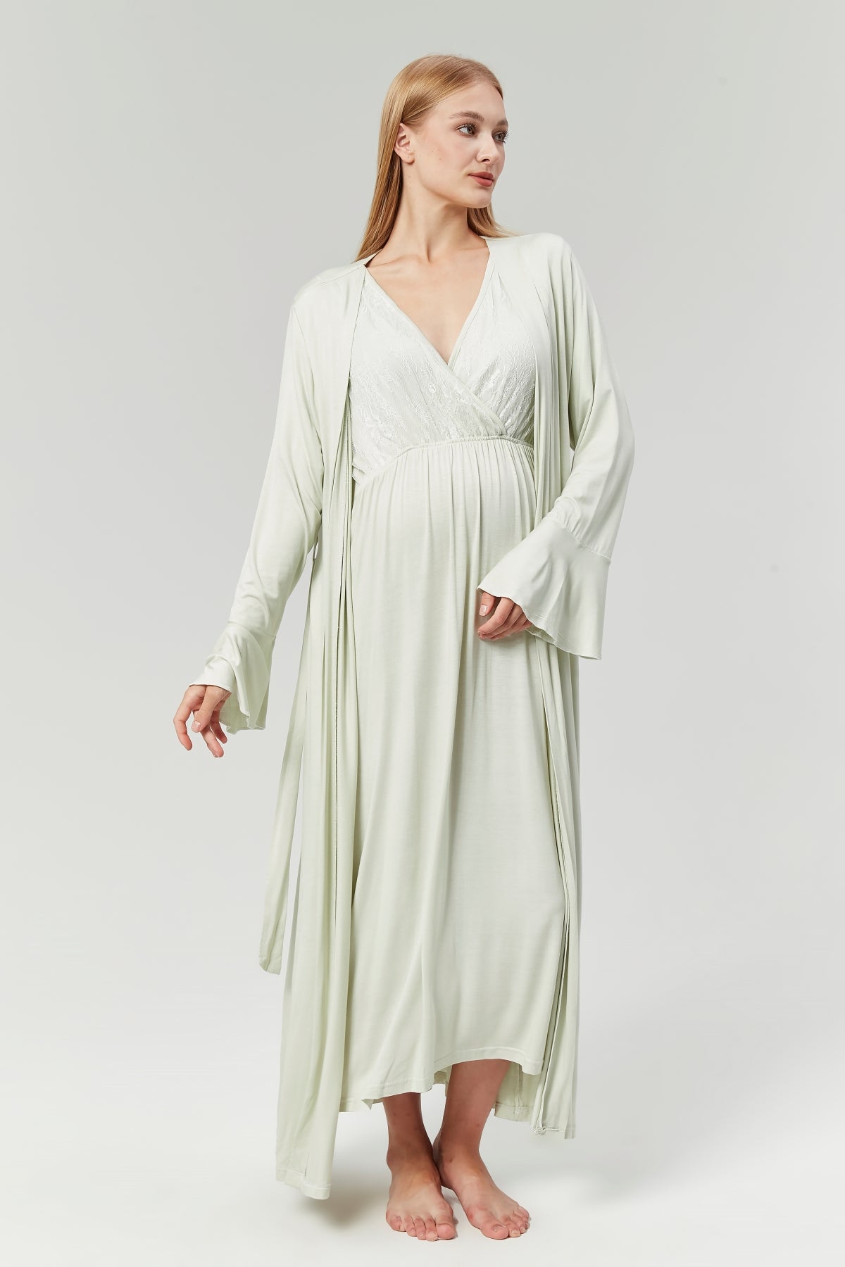 Lace Collar Double Breasted Maternity & Nursing Nightgown With Flywheel Arm Robe Mint - 525