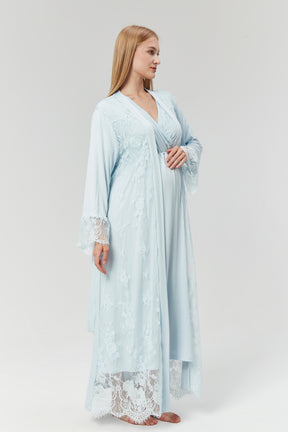 Lace Embroidered Maternity & Nursing Nightgown With Robe Blue - 526