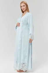 Lace Embroidered Maternity & Nursing Nightgown With Robe Blue - 526