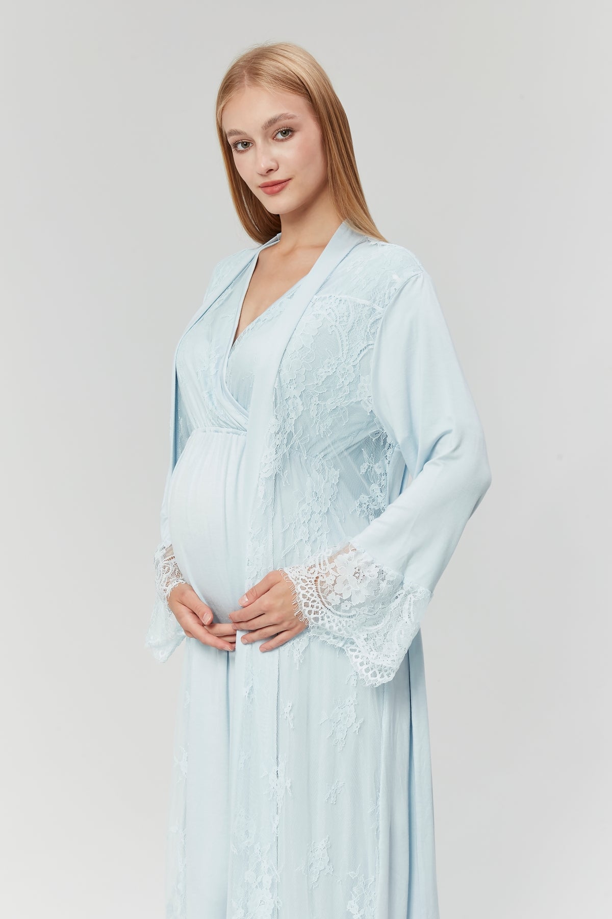 Lace Embroidered Maternity & Nursing Nightgown With Robe Blue - 526