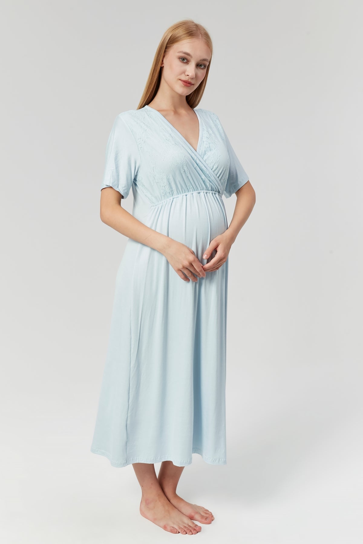 Lace Embroidered Maternity & Nursing Nightgown With Robe Blue - 526