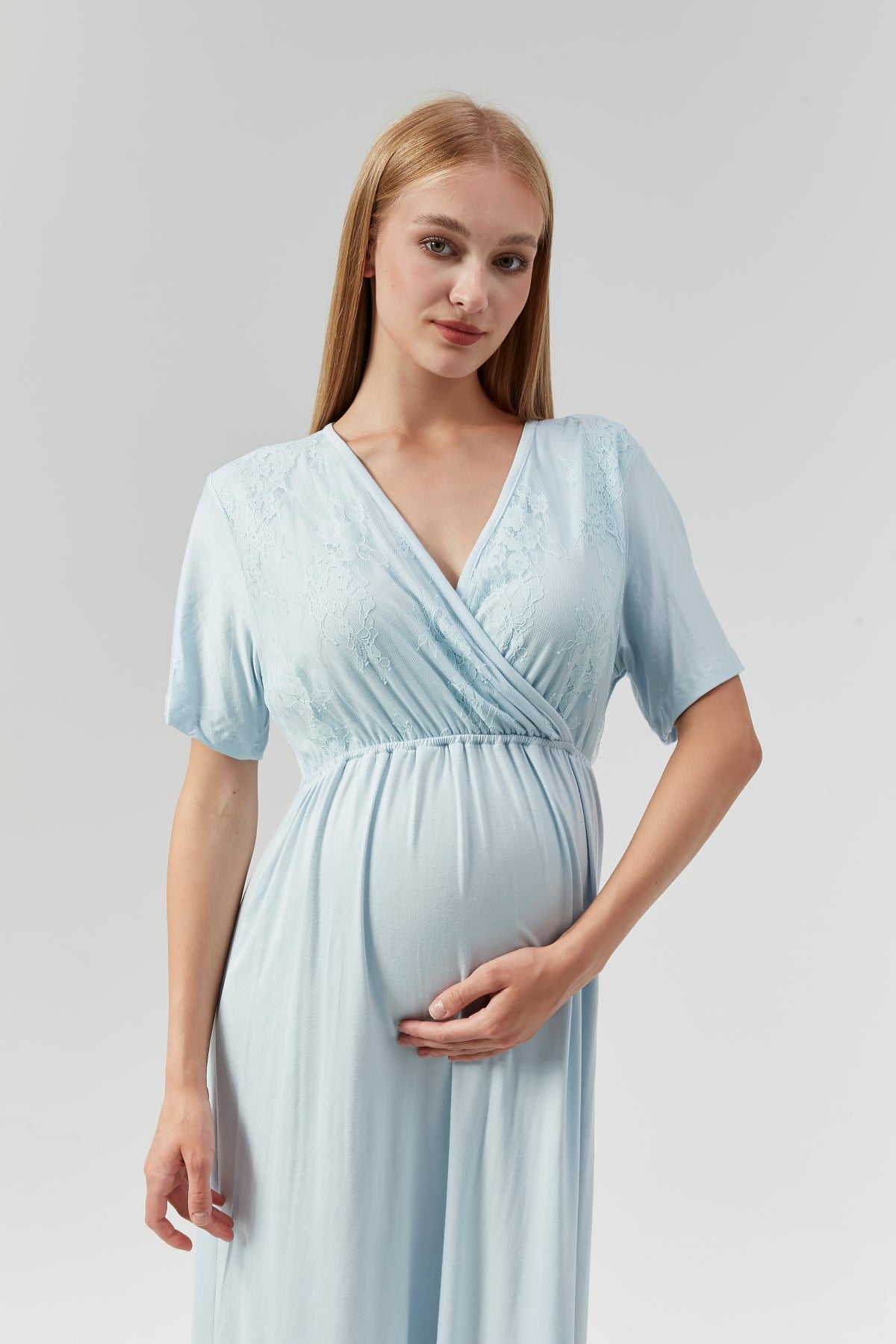 Lace Embroidered Maternity & Nursing Nightgown With Robe Blue - 526