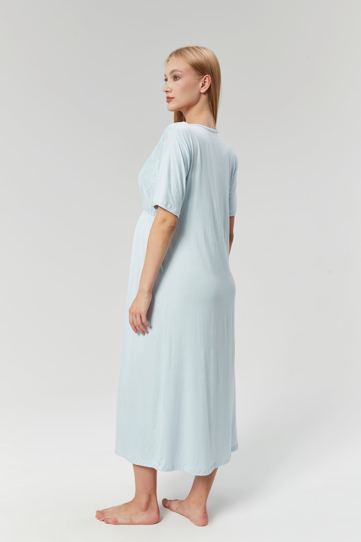 Lace Embroidered Maternity & Nursing Nightgown With Robe Blue - 526